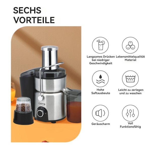 [Hurtig forsendelse] Juicer, 2-i-1 200W Juice Press Elektrisk - Juicer/Kaffekværn, Påfyldningsåbning 75 mm - To hastighedsindstillinger