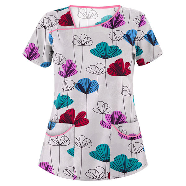 Dame Tegneserie Trykt Medisinsk Uniform Sykepleier Skrubb T-skjorter Topper Bluse Tee #5 M