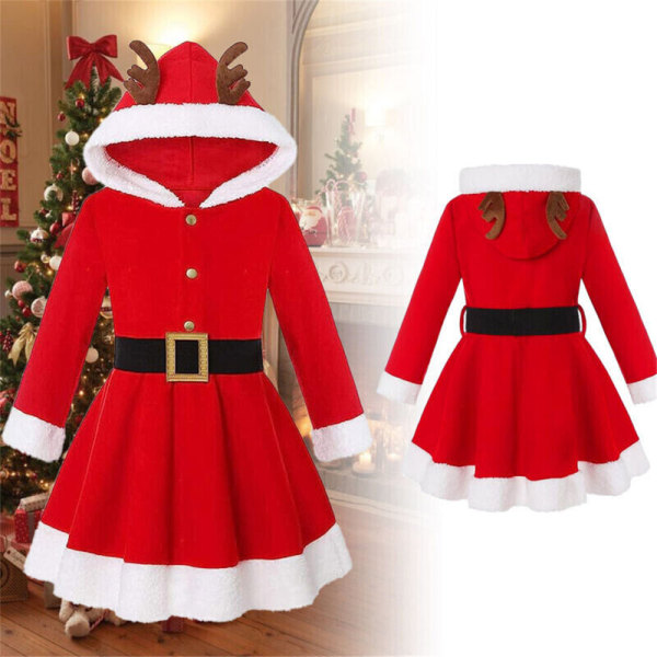 Christmas Girls Hooded Swing Dress Elk Santa Cosplay Kostym 110CM