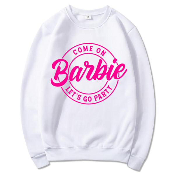 Rund hals Barbie tryckt tröja kvinnor casual pullovers sweatshirt lös huvtröja White S