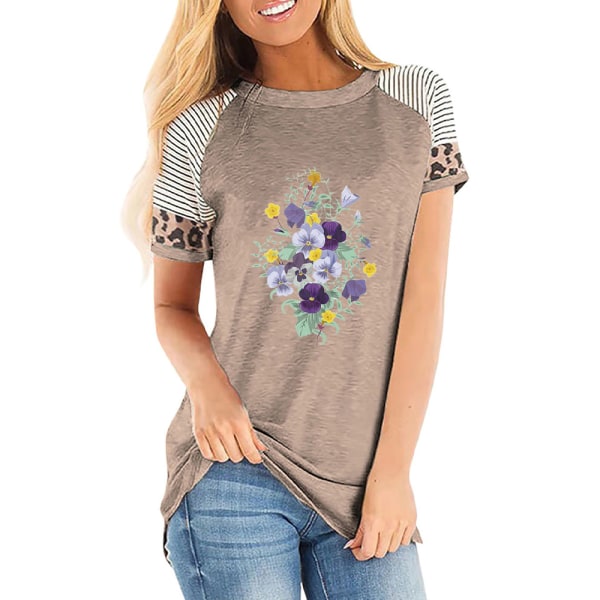 Dam Sommar Blommig T-shirt Toppar Leopard Casual Blus Tee Khaki M