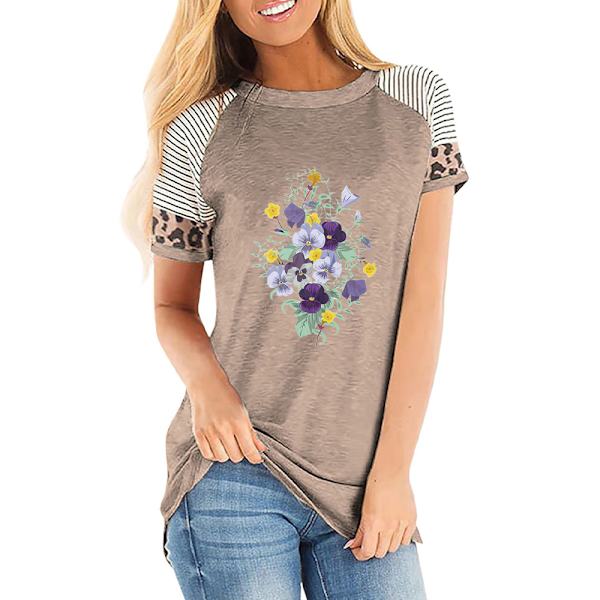 Dam Sommar Blommig T-shirt Toppar Leopard Casual Blus Tee Khaki S