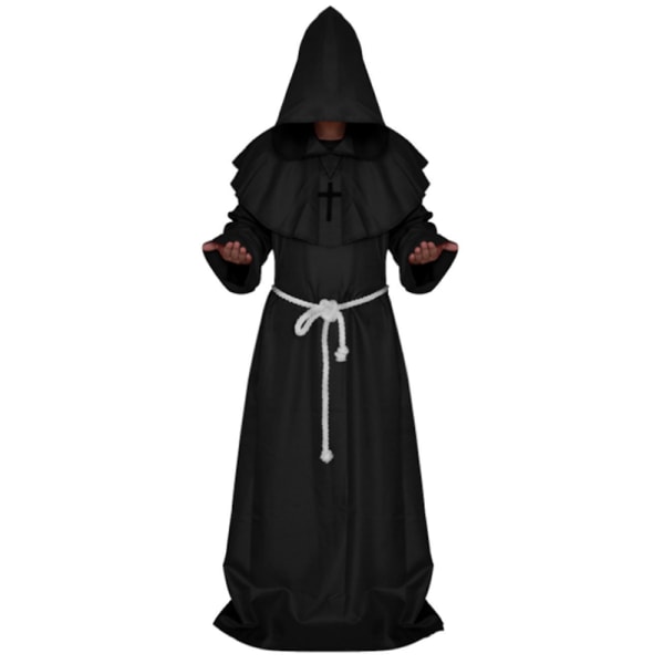 Halloween Vuxen Män Munk Cosplay Kostym Robe Kappa Cape Friar Medeltida Präst Karneval Maskeraddräkt Black S