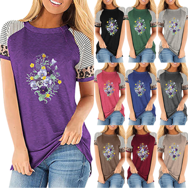 Dam Sommar Blommig T-shirt Toppar Leopard Casual Blus Tee Light Grey S