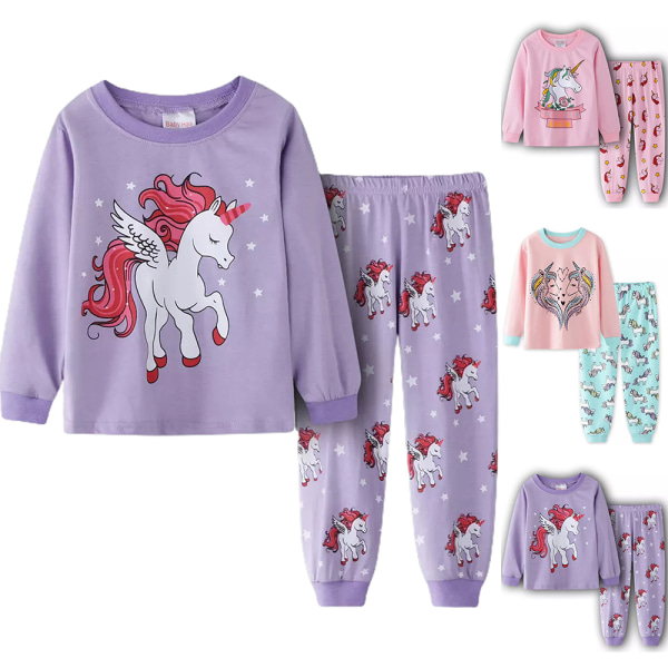 2-pack Barnflickor Pyjamas Enhörning Långärmad Tröja Nattkläder B 110cm