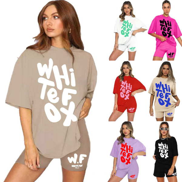 Summer Womens White Fox Träningsoveraller Set 2ST T-shirt Shorts Casual Toppar Byxor Lounge Wear Dark Khaki L