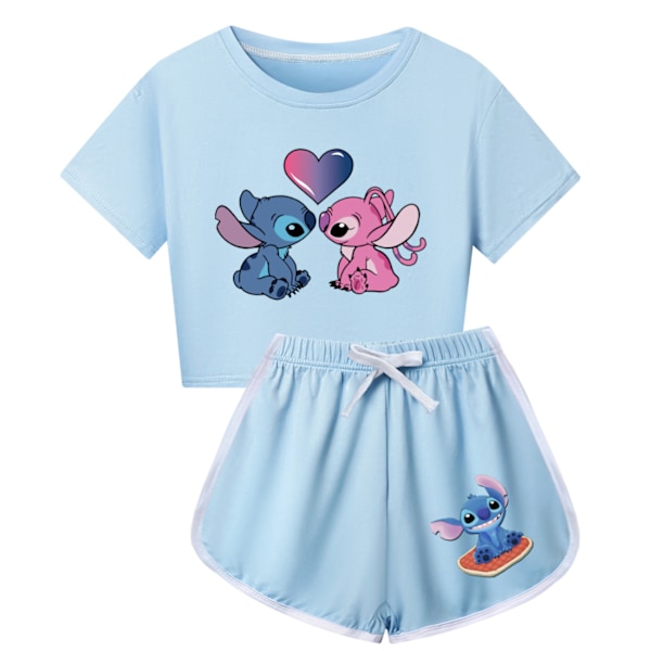 Stitch Sommar T-shirt Toppar Shorts Set Barn Flickor Pyjamas Loungewear Träningsdräkt Set Light Blue 120cm