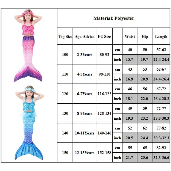 Barn Flickor Mermaid Tail 3ST Set Kostym Baddräkt Badkläder Strandkläder Ålder 2-13 år B 110cm