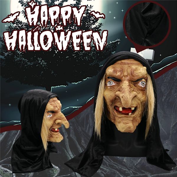 Skræmmende Gammel Heks Maske Latex Med Hår Halloween Udklædning