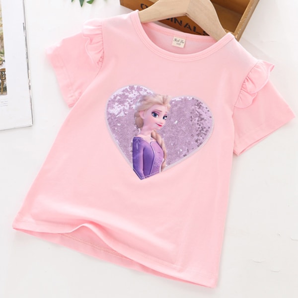 Flickors Sommar T-shirt Frozen Hjärtformad Paljett Topp Pink 120cm
