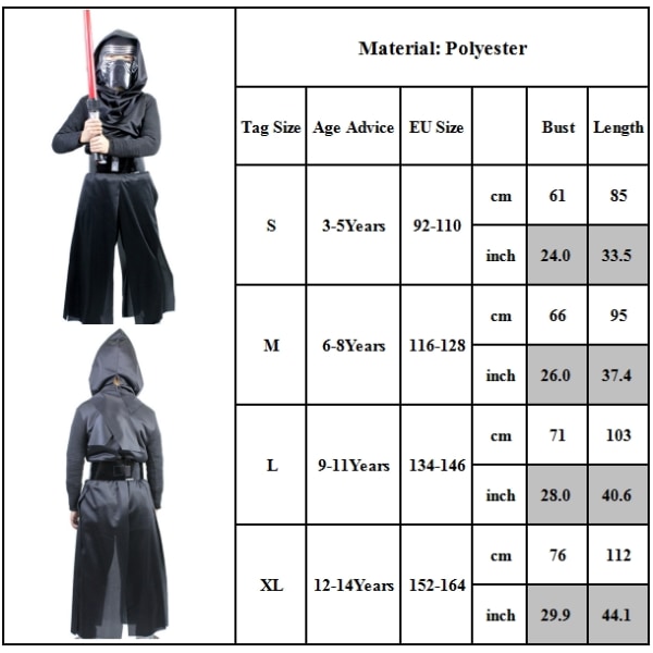 Barn Pojkar Kylo Ren Cosplay kostym Ben Solo Jedi Warrior Fancy Dress Outfit Set S