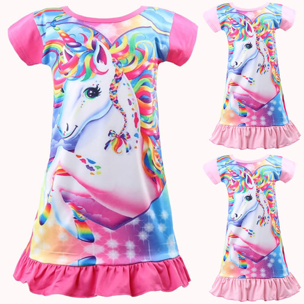 Kids Unicorn Rainbow Horse Print tecknad klänning Pink 130 cm