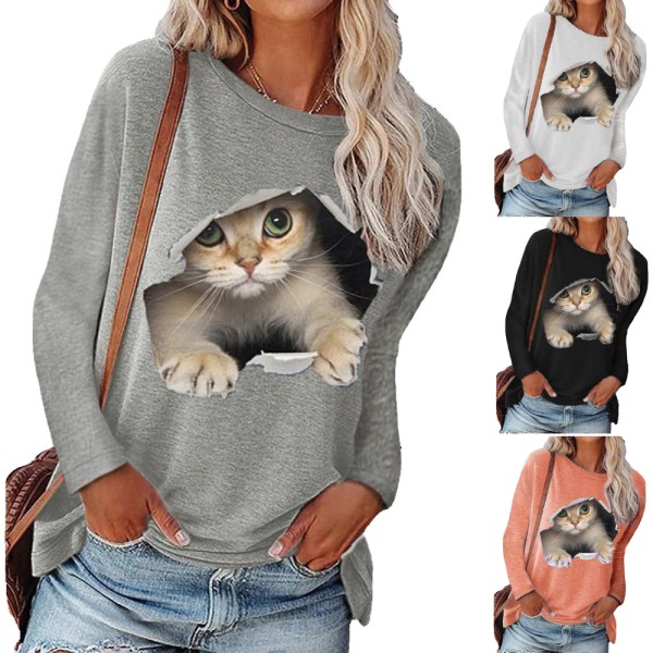 Kvinnor Rundhalsad tröja Cat Casual långärmad topp T-shirt grey 2XL