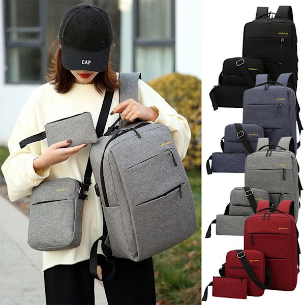 3 st/set Unisex Mens Skolryggsäck Resväska Axelväska Laptopväska Utomhus Handväska Grey