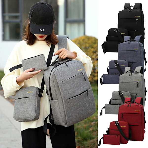 3 st/set Unisex Ryggsäck för män Skolryggsäck Reseryggsäck Axelväska Laptopväska Handväska för utomhusbruk Red