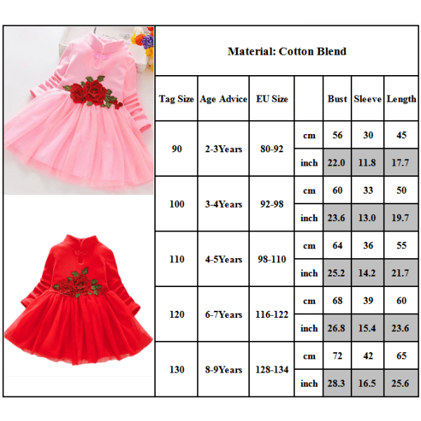 Barn Flickor Baby Bröllopsfest Ball Swing Tutu Klänningar Långärmad prinsessklänning Red 100cm