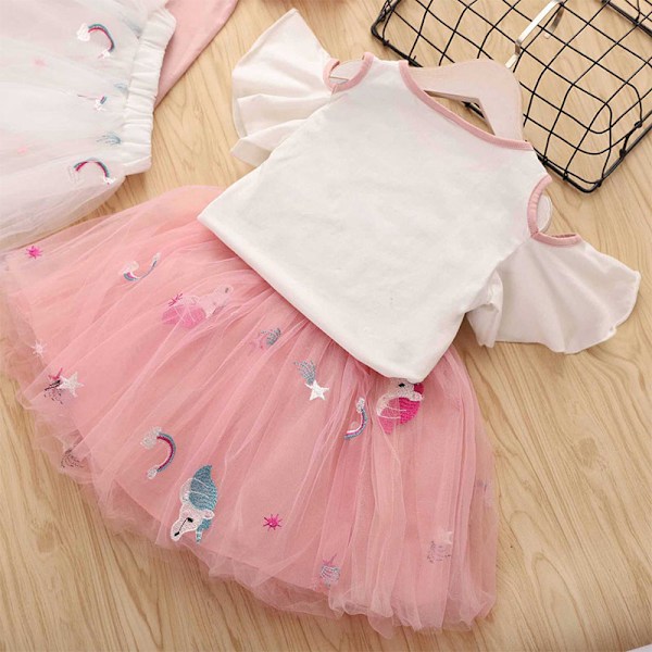 Piger Enhjørning Print Flæseærme Mesh Tutu Kjole Pink 100
