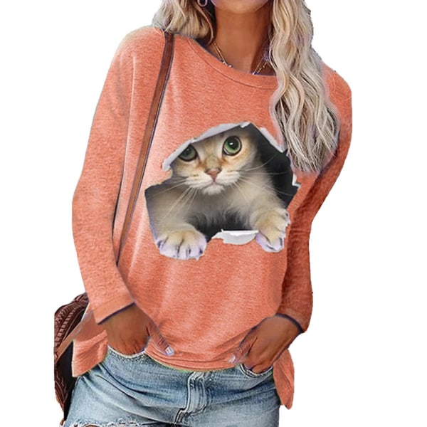 Kvinnor Rundhalsad tröja Cat Casual långärmad topp T-shirt pink 2XL