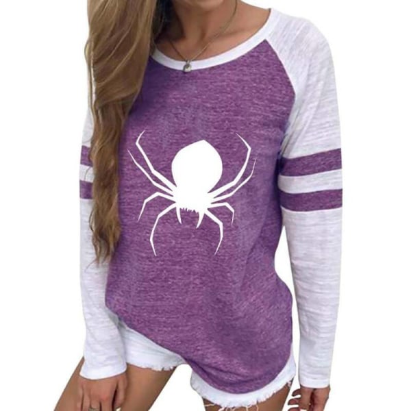 Dam T-shirtblus med tryck, långärmad, ledig topp Purple XL