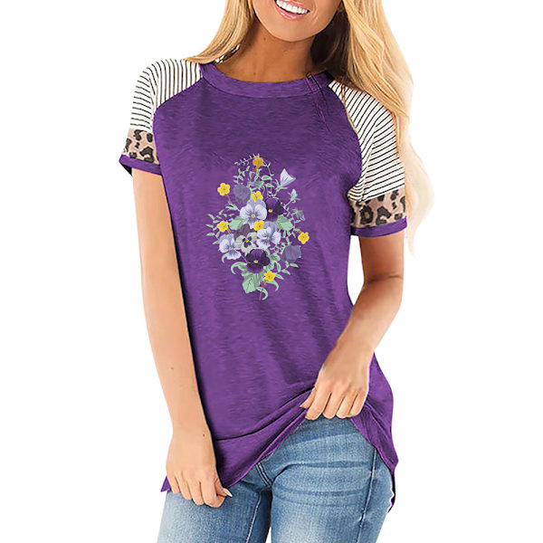 Dam Sommar Blommig T-shirt Toppar Leopard Casual Blus Tee Purple S