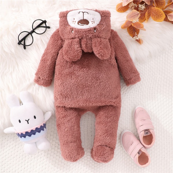 Djur Plysch Pojke Flicka Bodysuit Nyfödd Jumpsuit med Huva Julklapp light brown 6-9M