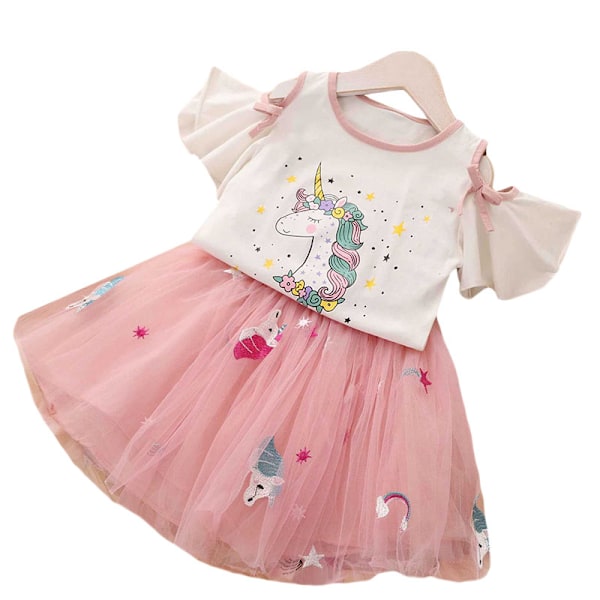Piger Enhjørning Print Flæseærme Mesh Tutu Kjole Pink 100