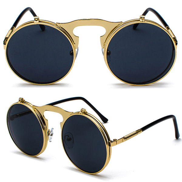 Vintage Flip Up Solglasögon Herr Cirkel Runda Glasögon Rose Gold Frame Black Lenses 1 Pack