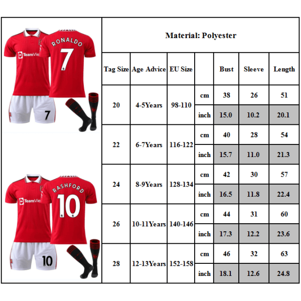 Barnfotbollströja Pojkar Fotbollsutrustning RED DEVIL Hemmalag Fan Träningsdräkt 25 28#