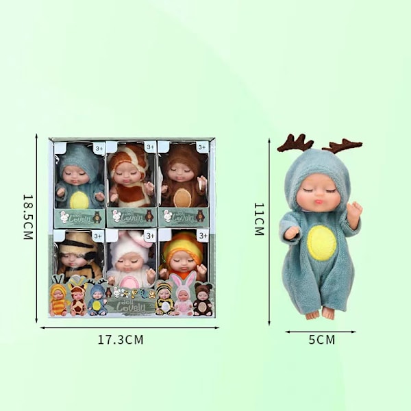 6 st Mini Babydockor, 10 cm Nyfödda Dockor Presentförpackning, Söta Återfödda Babydockor Leksaker för Barn 3+, med Djurkläder 6PCS