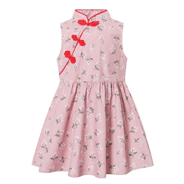 Flickklänning Blomstertryck Qipao Ärmlös Cheongsam Klänningar Prinsessa Födelsedagsfest Kostym 1-6 År Pink 130cm