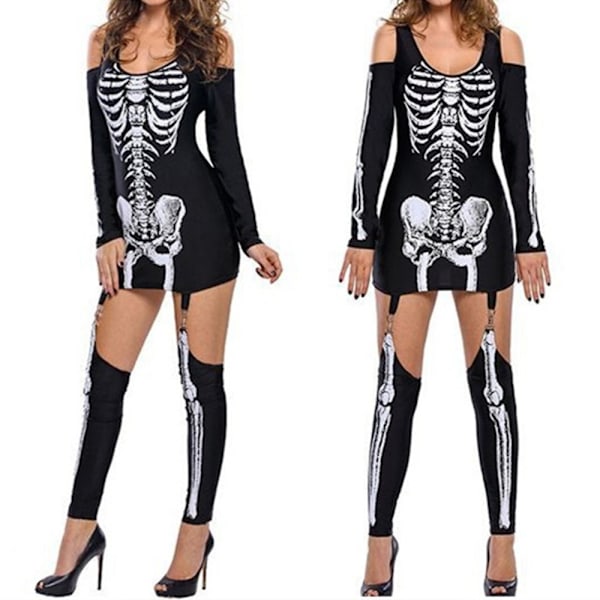 Halloween Kostume Dame Skelet Jumpsuit Cosplay Bodysuit S