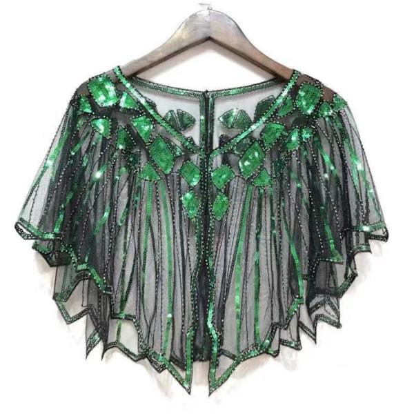 1920-tals Sjal med Pärlor och Paljetter, Festlig Temperamentskappa, Brudslöja Black Green