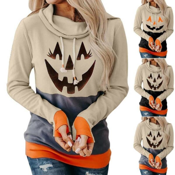 Dam Långärmad Halloween Pumpa Tröja med Huvtröja Black 2XL