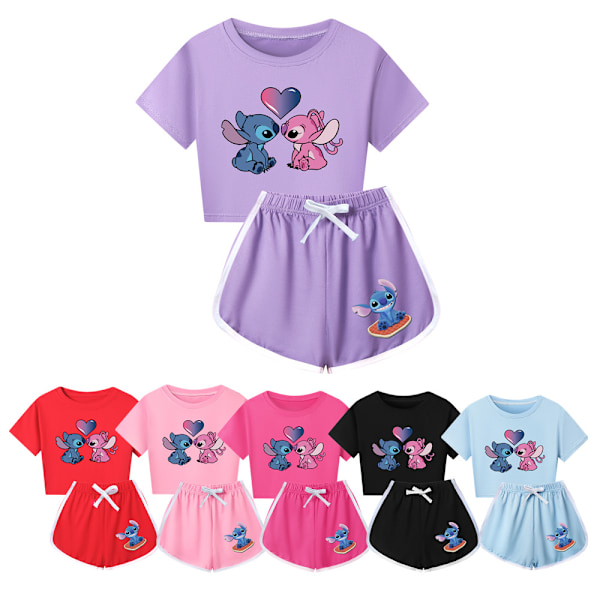 Stitch Sommar T-shirt Toppar Shorts Set Barn Flickor Pyjamas Loungewear Träningsdräkt Set Rose Red 140cm