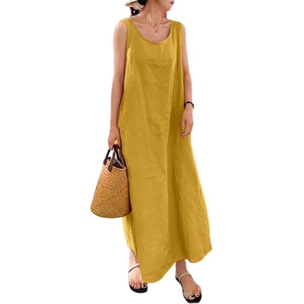 Kvinnor ärmlös sommar strandsolklänning Casual Swing Long Dress yellow 3XL