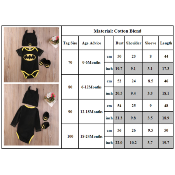 Baby Boy Romper Batman klädskor Hat Outift Set Long Sleeve 90