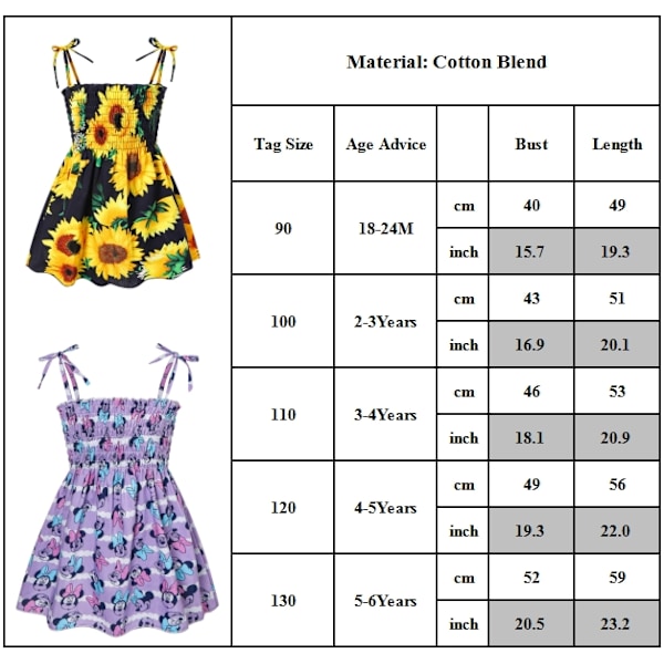 Sommarklänningar för små flickor, ärmlös klänning med spaghettiband, blommig klänning, avslappnad strandfest, prinsessklänning för barn 1-6 år A 90cm