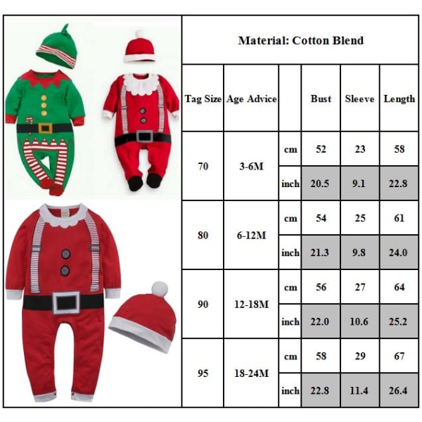 Pojke Flicka Tomte Älv Sparkdräkt Jul Jumpsuit Hatt Maskerad green 95CM