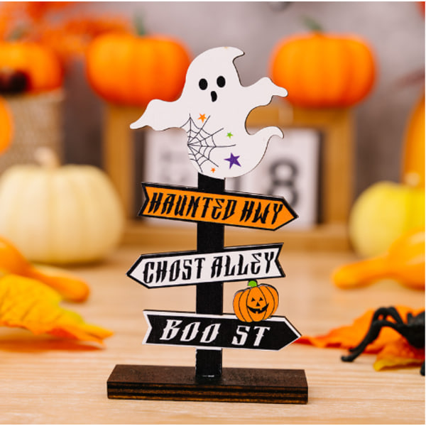 Hyvää Halloweenia Puinen Kyltti Jalusta Kurpitsa Aave Pöytäkoriste A