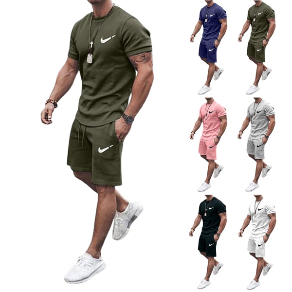 Herr Nikes Gym Fitness Träningsoverall Set Bokstavstryck Sportkläder Sommar Kortärmad T-shirt Topp + Shorts Army Green 4XL