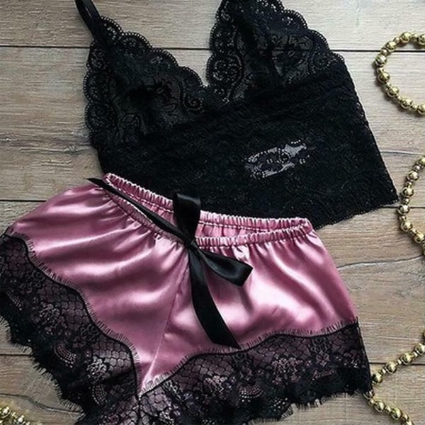 Dam Öppen Satin Spets Underkläder Nattkläder Babydoll Pyjamas Set Fuchsia S