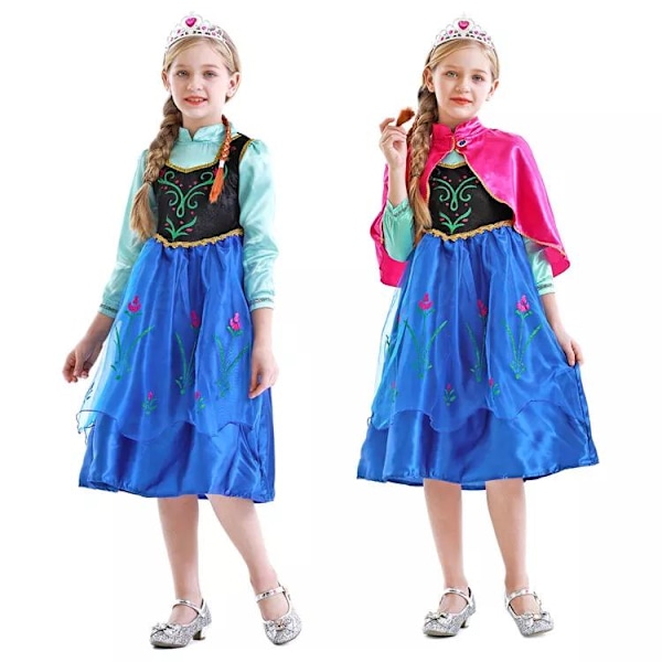 Prinsessan Anna Maskeradkostym Flickor Cosplay Fest Födelsedag med Peruk, Tiara, Trollstav, Handskar, Halsband 100cm