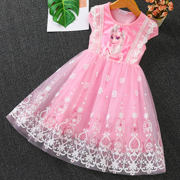 Flickklänning Sommarklänning Anna Elsa Prinsessa Födelsedagsfest Klänning Kortärmad Klänningar Pink 110cm