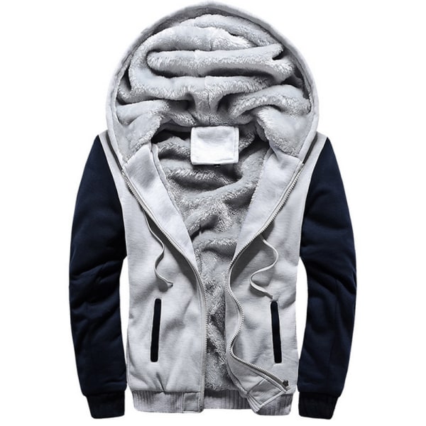 Man Winter Warm Sherpa Fleece Hoodie Coat Jacka Ytterkläder Grey & Blue XL
