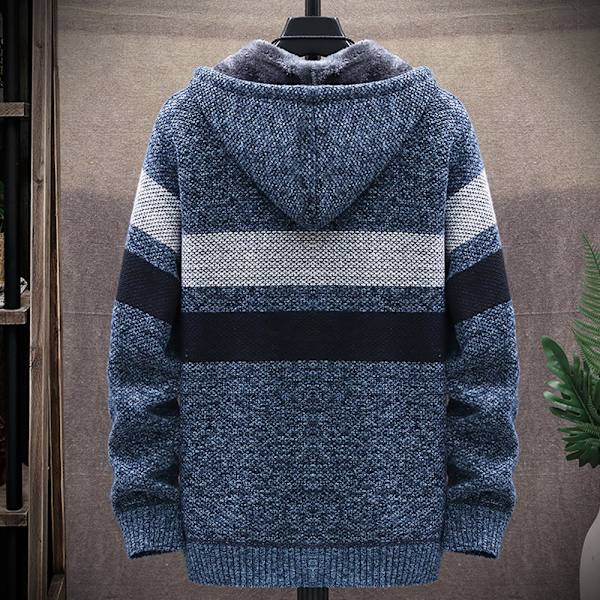 Randig herrjacka med huva, stickad kofta med dragkedja fram Grey blue 2XL