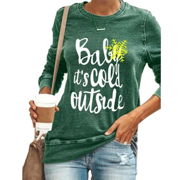 Kvinder Langærmet Jule Letter Print T-shirt Rund Hals Jul Wine Red L