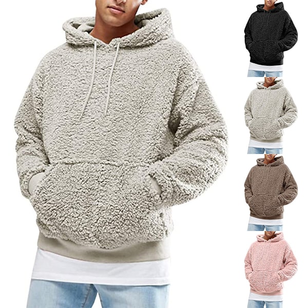 Herr Fluffig Huvtröja Teddy Fleece Hoodie Plysch Lätt Pullover Viscos Tröja Sweatshirt med Två Fickor Pink M