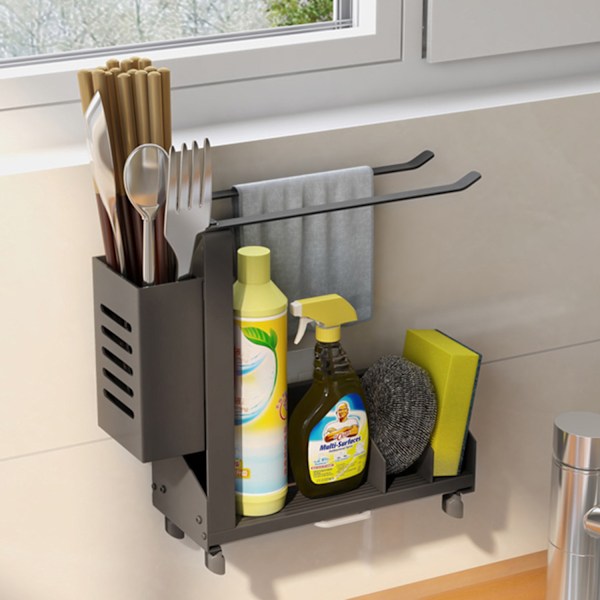 Keittiön järjestelyteline, pesualtaan järjestäjä 360° pyörivällä pyyhepidikkeellä, astianpesuaineen pidike, keittiöhylly, säilytysteline With cutlery set