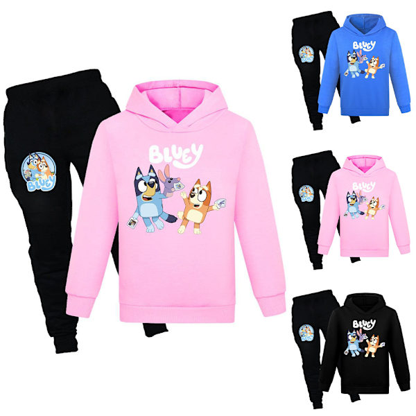 Barn Pojkar Flickor Bluey Print Casual Hoodie Träningsset Hoody Topp Byxor Kostym 7-14år Black 130cm