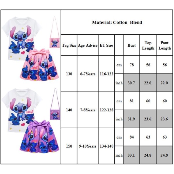 Lilo and Stitch Cosplay Girls Kostym T-shirt Kjol Väska Princess Dress Barn Outfit Kläder Purple 140cm